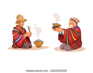 Os Povos Indígenas Kallawaya Da Bolívia Realizam Um Ritual De Cura Vetor De Ilustração De Desenhos Animados