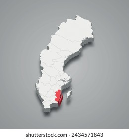 Kalmar county highlighted in red on a grey Sweden 3d map