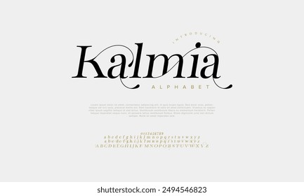 Kalmia swash Luxus elegante Buchstaben und Zahlen Alphabet. Klassische Hochzeits-Typografie-Klassiker-Serif-Schrift-dekorativer Vintage-Retro. Kreative Vektorillustration