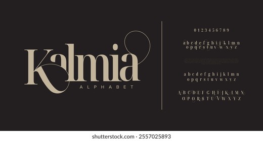 Kalmia swash luxury elegant alphabet letters and numbers. Vintage wedding typography classic serif font decorative vintage retro. creative vector illustration