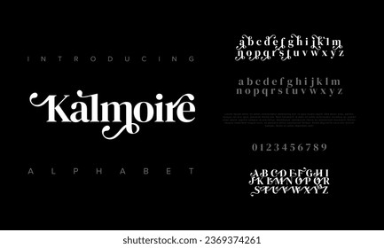 Kalmoire premium luxury elegant alphabet letters and numbers. Elegant wedding typography classic serif font decorative vintage retro. Creative vector illustration