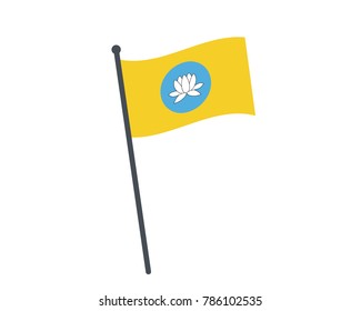 Kalmykia flag. The national flag of Kalmykia on a pole. The waving flag. The sign and symbol of the country. Realistic vector on white.