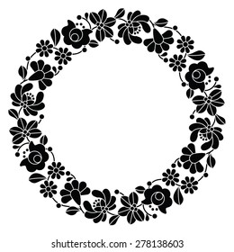 Kalocsai black embroidery in circle - Hungarian floral folk pattern