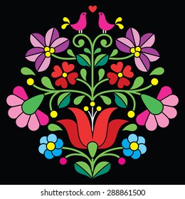 Kalocsai embroidery - Hungarian floral folk pattern on black  
