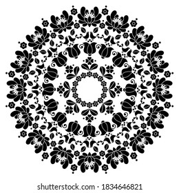 Kalocsai Hungarian floral embroidery vector mandala design - round pattern inspired by folk art from Hungary. Black and white floral ornament, traditional retro boho decor with flowers and birds