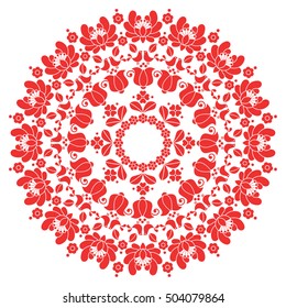 Kalocsai red floral embroidery - Hungarian round folk art pattern 
