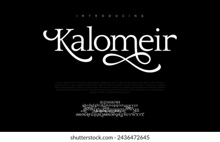 Kalomeir premium luxury elegant alphabet letters and numbers. Elegant wedding typography classic serif font decorative vintage retro. Creative vector illustration