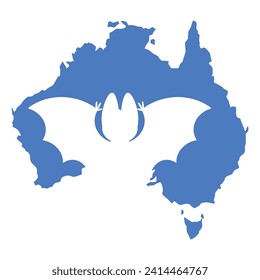 Kalonga flying fox silhouette cut out in Australia map isolated on white background