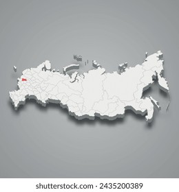 Kaluga region highlighted in red on a grey Russia 3d map