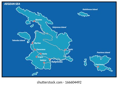 Kalymnos Island Greece Map. This is a detailed vector map of Greek Island Kalymnos in Aegean sea in Dodekanisos.