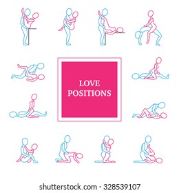 Kama sutra love positions line icons set with title flat isolated vector illustration
