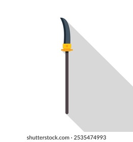 Kama weapon with golden hilt casting a shadow, isolated on a white background