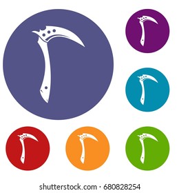 Kama weapon icons set in flat circle red, blue and green color for web