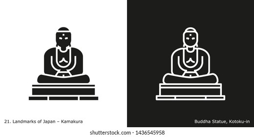 Kamakura: Buddha Statue, Kōtoku-in. Outline and glyph style icons of the famous landmark from Japan.