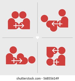 Kamasutra positions styled in red hearts and male and female symbol. Sexual positions shown as two loving hearts. Short strip with sex practices. Master vector flatten illustration.