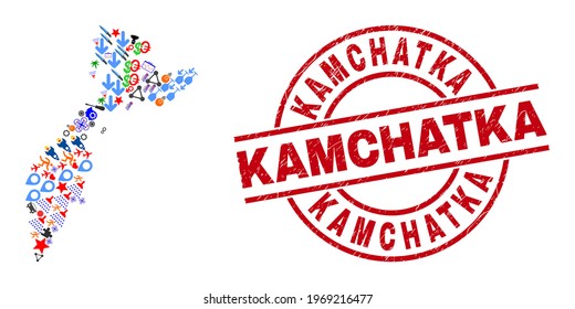 Kamchatka map collage and textured Kamchatka red circle stamp. Kamchatka stamp uses vector lines and arcs. Kamchatka map mosaic contains helmets, houses, screwdrivers, suns, stars, and more symbols.