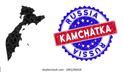 Kamchatka map polygonal mesh with filled triangles, and textured bicolor rubber seal. Triangle mosaic Kamchatka map with mesh vector model, triangles have randomized sizes, and positions,