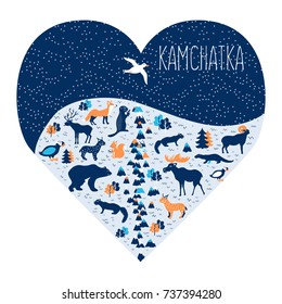 Kamchatka peninsula cartoon travel vector illustration in heart shape, Far Eastern Federal District, Russia, russian colorful symbol, decorative icon wild animals, bear, gropher, volcanoes, mountains