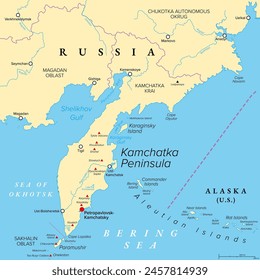 Kamchatka Peninsula, and the federal subject Kamchatka Krai of Russia, political map. Peninsula with numerous volcanoes between Bering Sea and Sea of Okhotsk. Offshore runs the Kuril-Kamchatka Trench.