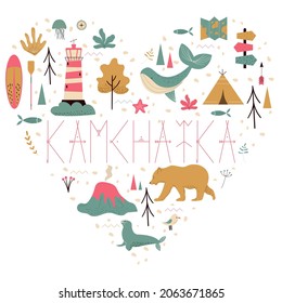 Kamchatka Peninsula set in the shape of a heart.Russian travel cartoon seamless design.Eurasia.Far Eastern Federal District.Wild nature and animals.Vector colorful illustration.Eps10