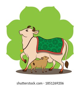 Kamdhenu Painted in Pichwai Style,  indian art form of Miniature Painting, Vector Graphic of Gomata, Cow with Calf Traditionally worshiped on the occasion Vasubaras aka Govatsa Dwadashi in Deepavali.