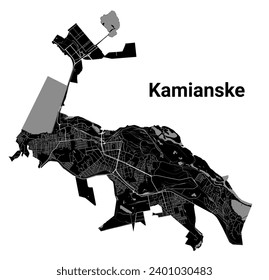 Mapa de la ciudad de Kamianske, Ucrania. Fronteras administrativas municipales, mapa de zonas negras y blancas con ríos y carreteras, parques y ferrocarriles. Ilustración vectorial.