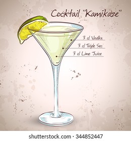 Kamikaze alcohol cocktail, consisting of Vodka, orange liqueur, lime