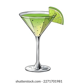 Kamikaze cocktail, hand drawn alcohol drink with lime slice. Vector illustration on white background