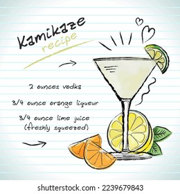 Kamikaze cocktail, vector sketch hand drawn illustration, fresh summer alcoholic drink with recipe and fruits