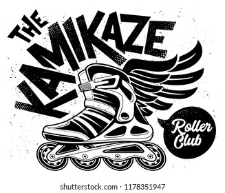 Kamikaze Rolling Club Grunge Design with winged roller skate. Dirty monochrome design.