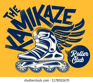 Kamikaze Rolling Club Grunge Design with winged roller skate. Dirty grunge vector design.