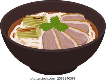 Kamo nanban udon is a warm udon dish containing duck meat and green onions.