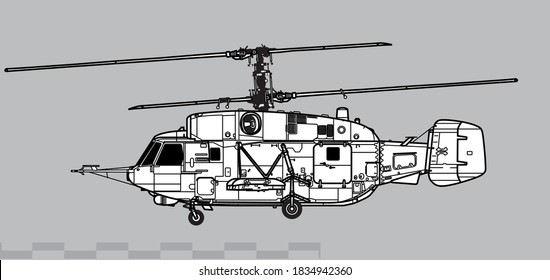 Dibujo vectorial de un helicóptero militar. Vista lateral. Imagen para ilustraciones e infografías.