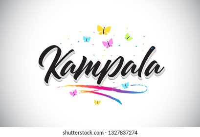 Kampala Handwritten Word Text with Butterflies and Colorful Swoosh Vector Illustration Design.
