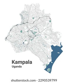 Kampala map, capital city of Uganda. Municipal administrative area map with rivers and roads, parks and railways. Vector illustration.
