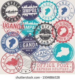 Kampala Uganda Set of Stamps. Travel Stamp. Made In Product. Design Seals Old Style Insignia.