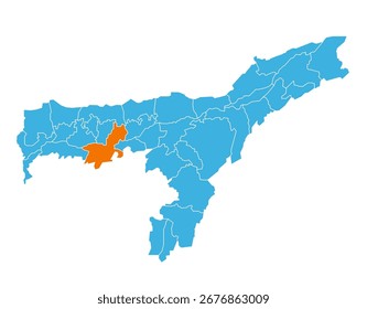 Distrito de Kamrup destacado en el mapa del estado de Assam, India