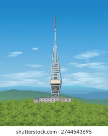 Kamzik TV Tower (Bratislava)against the background of a blue sky with clouds. Vector art illustration