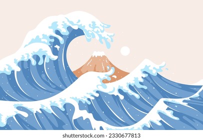 Kanagawa big waves beautiful horizontal background with sunset view with flat design style, Illustration of the sea, Wave and mountain