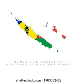 Kanak and Socialist National Liberation Front. Vector Illustration Flag of New Caledonia (France). Map of New Caledonia with flag isolated on white background. French special collectivity of France.