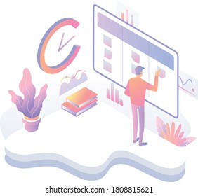 Kanban Agile Productivity Illustration In Isometry Futuristic Style 