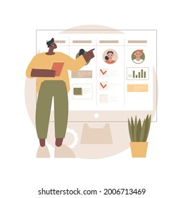 Ilustración vectorial abstracta de la placa kanban. Proceso de comunicación de trabajo en equipo, gestión ágil de proyectos, reunión de escrúpulos, etapas de desarrollo, visualización del progreso del trabajo metáfora abstracta.