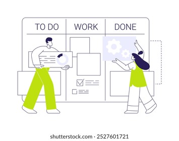 Ilustração de vetor de conceito abstrato de quadro kanban. O trabalhador da empresa de TI usa o quadro kanban para gerenciar o projeto, o processo da organização, o progresso do desenvolvimento e as informações sobre a metáfora abstrata das atribuições.