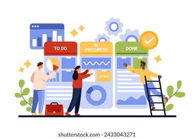 Kanban board, agile project management method. Tiny people plan business tasks on scrumboard, check work process with notes and list, brainstorming on strategy evaluation cartoon vector illustration