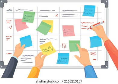 Kanban board with color stickers and writing hands. Cartoon team planning isolated on white background