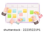 Kanban Board with Color Sticky Notes and Writing Hands. Scrum Board, Teamwork Concept. Agile Methodology 3D Vector Illustration