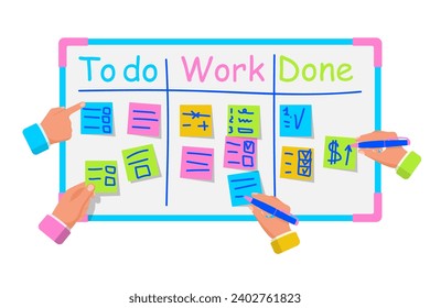 Kanban board with color sticky notes. Writing Hands. Scrum Board, Teamwork Concept. Project Management System. Todo list, in progress task and finished one. Work progress. Agile development. Vector.