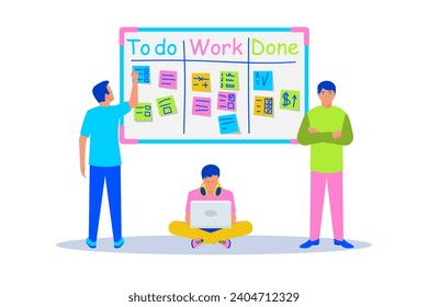 Kanban board with color sticky notes. People in process of completing tasks. Scrum Board. Todo list, in progress task and finished one. Work progress. Agile development. Vector. Project management.