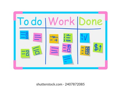 Kanban board with color sticky notes. Process of completing tasks. Scrum Board. Todo list, in progress task and finished one. Work progress. Agile development. Vector. Project management.