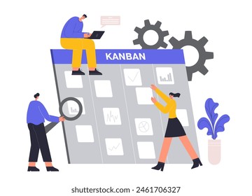 Kanban board concept. Cartoon employees assigning tasks for team members. Business management, colleagues working on laptop, checking progress with magnifying glass. Teamwork vector